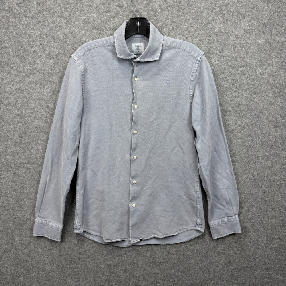 Scalpers Mens Grey Blue Textured Cotton Pique Button Down Shirt Size 39 Skull‎
